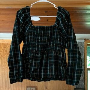 Women's Old Navy Green Plaid Smocked Cutout Peplum Long Sleeve Top Blouse L